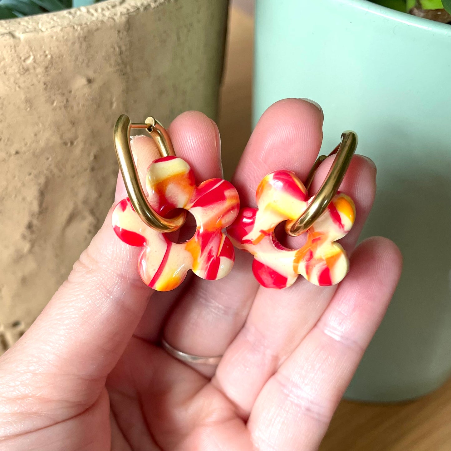 Boucles interchangeables fleurs rouges orange