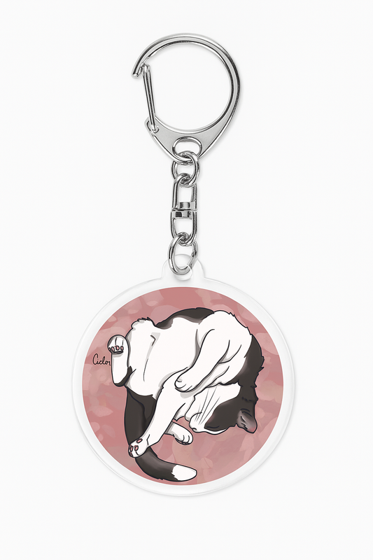 Porte clef acrylique illustration chat gris et blanc rond
