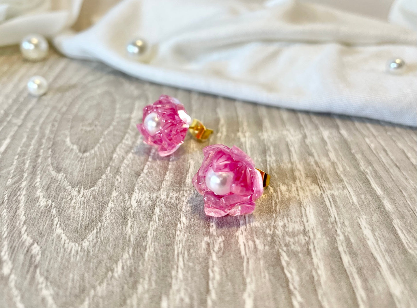 Boucles d'oreilles fleur de lotus rose en puces ~