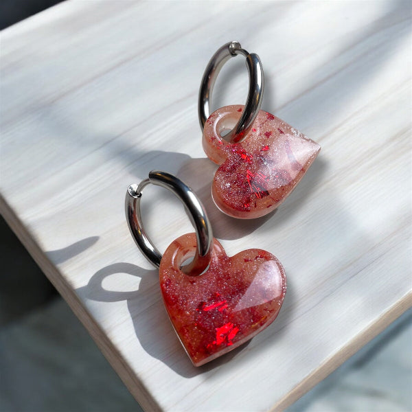 Boucles d'oreilles interchangeables cœurs en résine rose - bijoux cielo craft