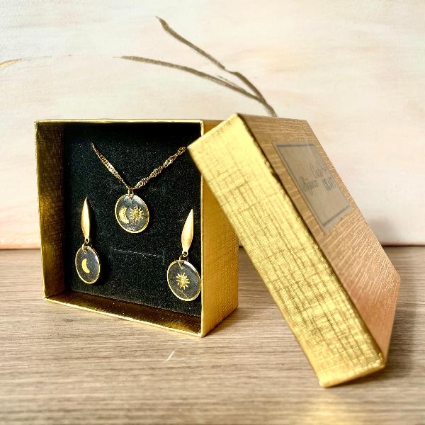 Ensemble boucles d'oreilles et collier lune et soleil doré et noir - bijoux cielo craft