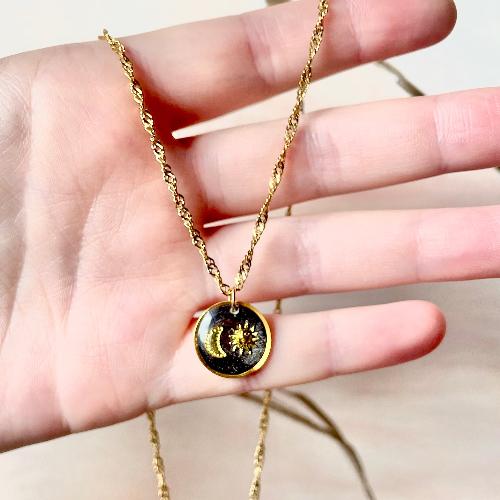 Collier lune et soleil doré et noir - bijoux cielo craft