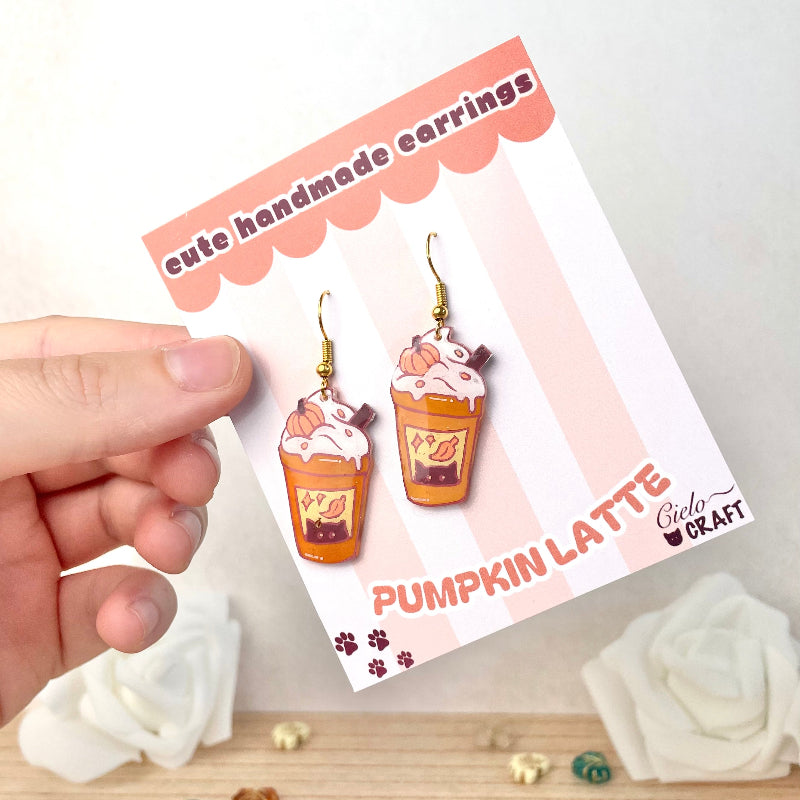 boucles d'oreilles avec petit cafe latte citrouille et chat - bijoux cielo craft