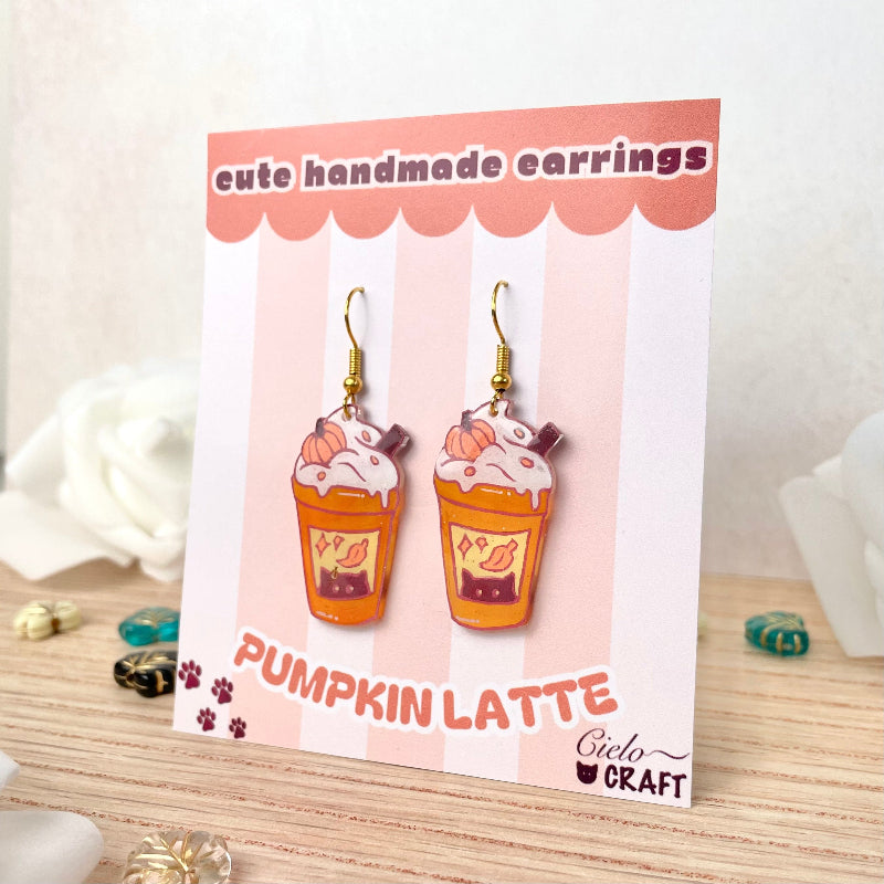 boucles d'oreilles avec petit cafe latte citrouille et chat - bijoux cielo craft