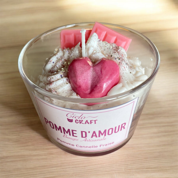 bougie gourmande pomme d'amour rose et blanche bijoux cielo craft