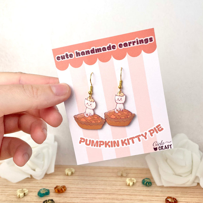 Boucles automne petit chat sur tarte citrouille - bijoux cielo craft