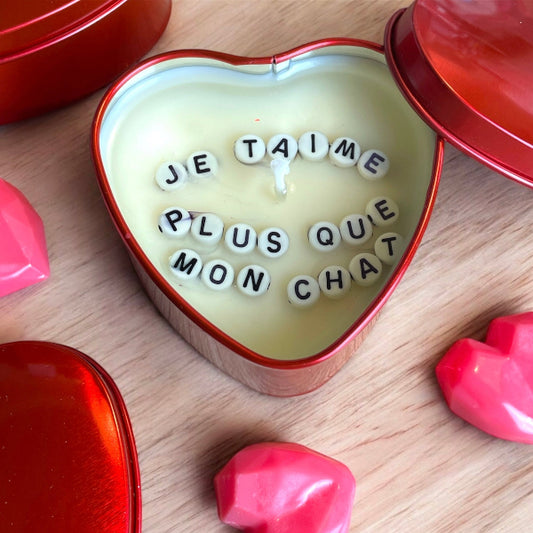 Bougie à révélation de message dans boite en coeur rouge, parfum chocolat - bijoux cielo craft