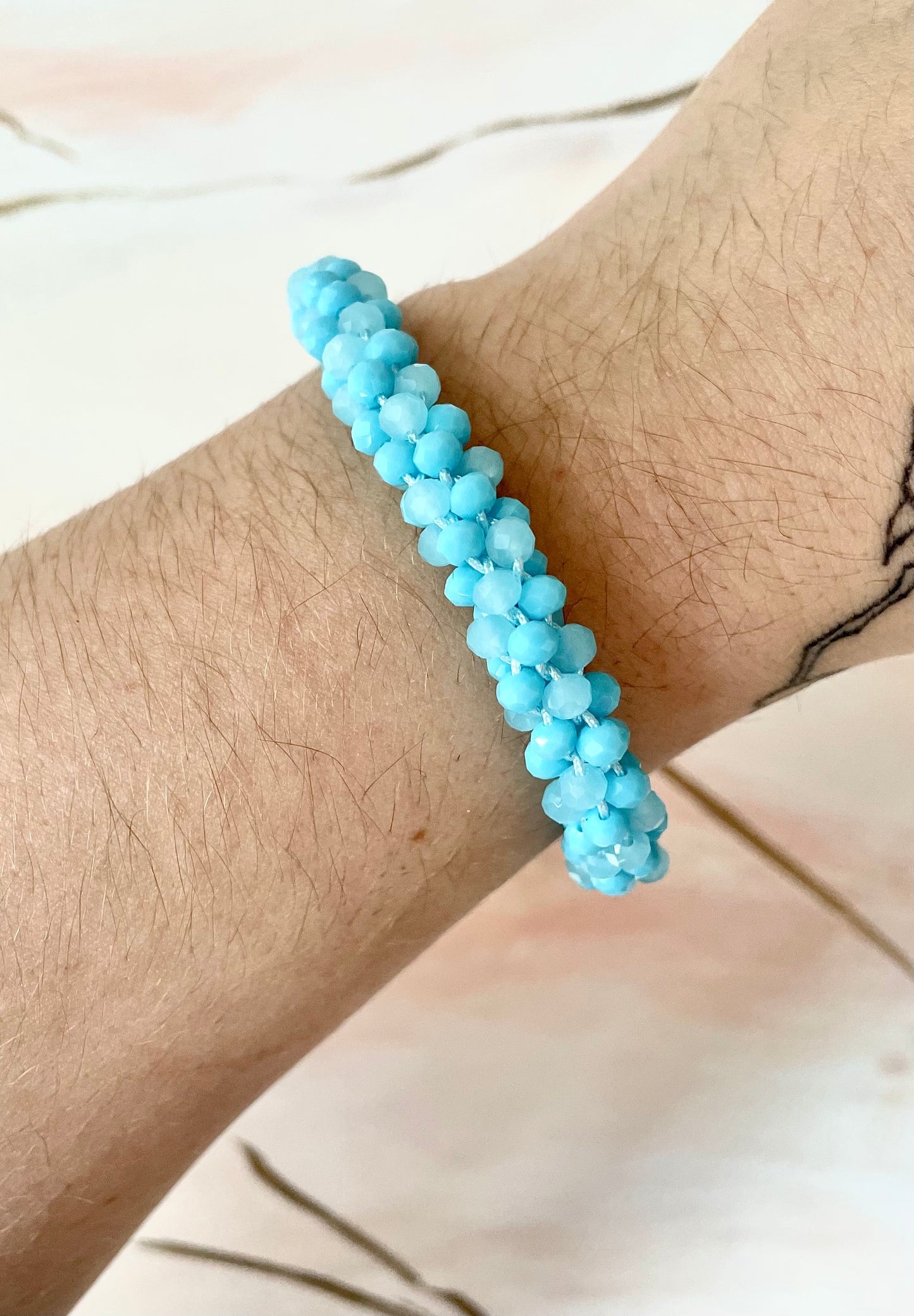 Bracelet Kumihimo en perles de riz bleu turquoise et sa pierre d'amazonite jade ~