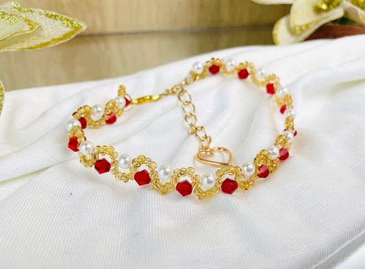 Bracelet en perles rouge et doré fait main ~