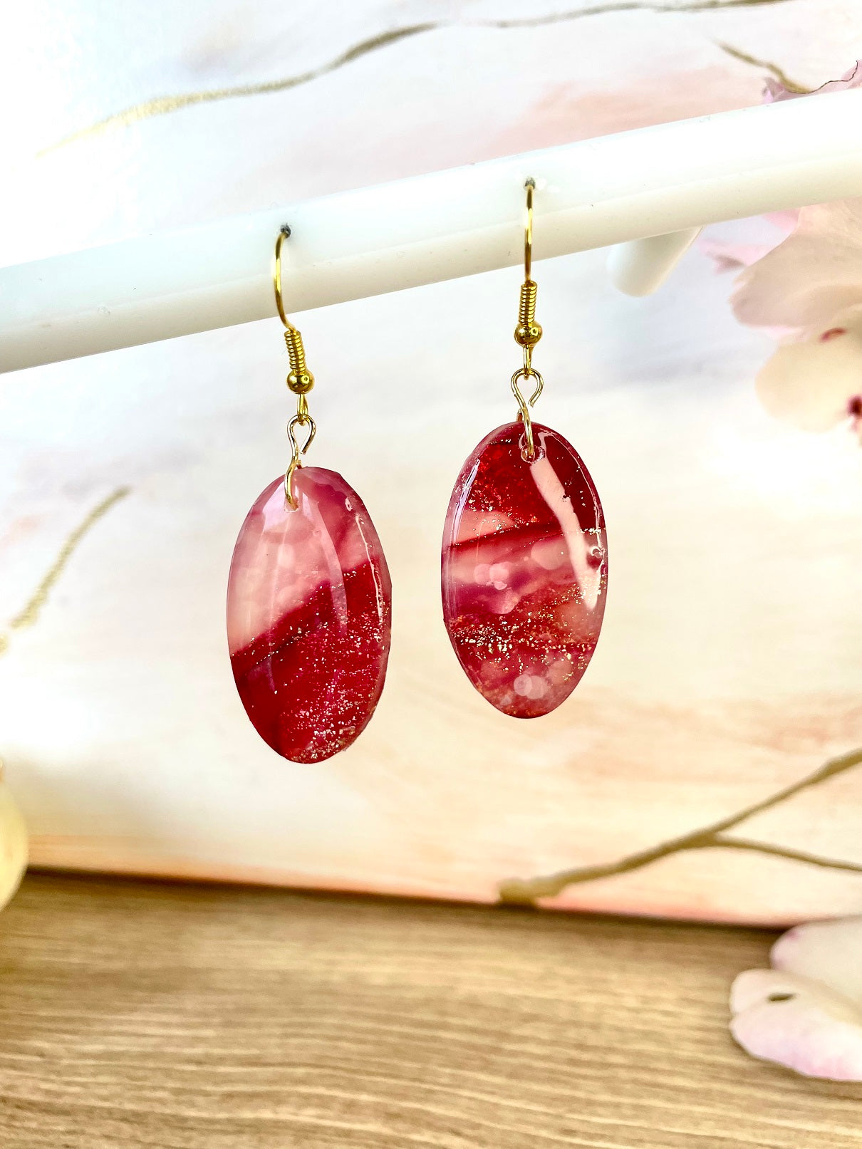 Boucles d'oreilles fake stone rubis pendants ovales~