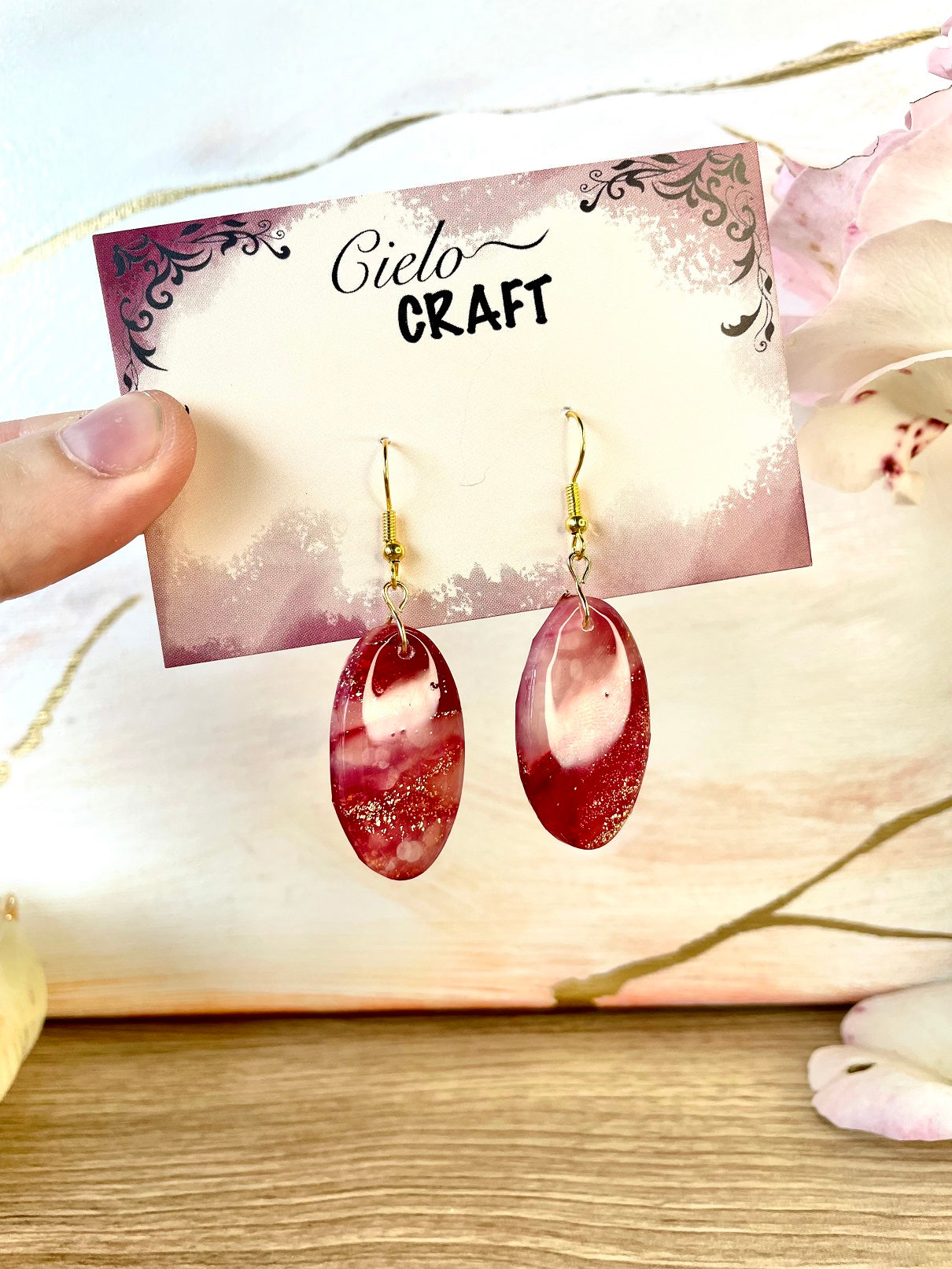Boucles d'oreilles fake stone rubis pendants ovales~
