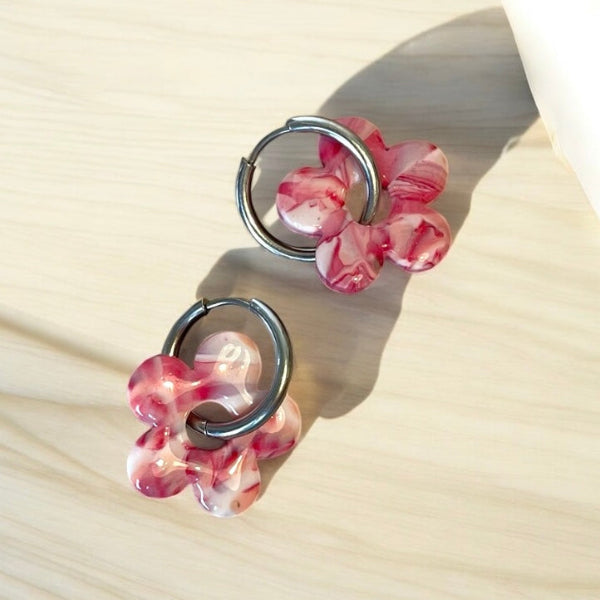 Boucles d'oreilles interchangeables fleurs fuschia - bijoux cielo craft
