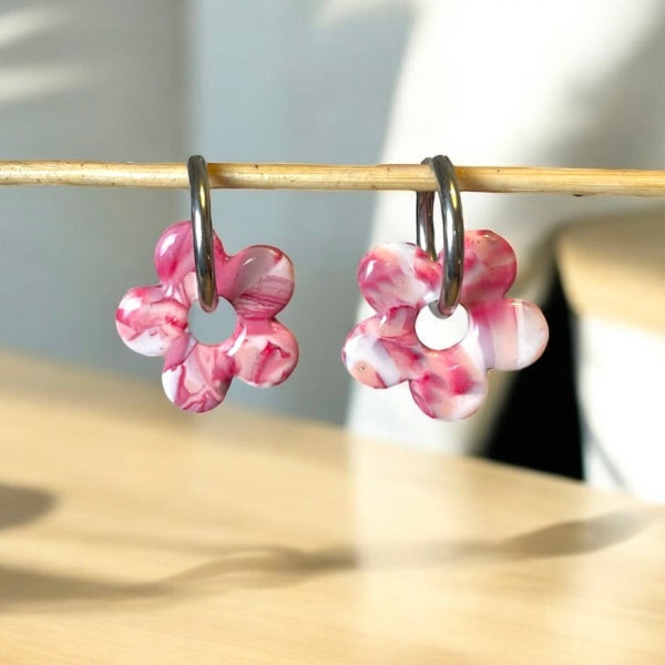 Boucles d'oreilles interchangeables fleurs fuschia - bijoux cielo craft