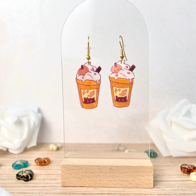 boucles d'oreilles avec petit cafe latte citrouille et chat - bijoux cielo craft