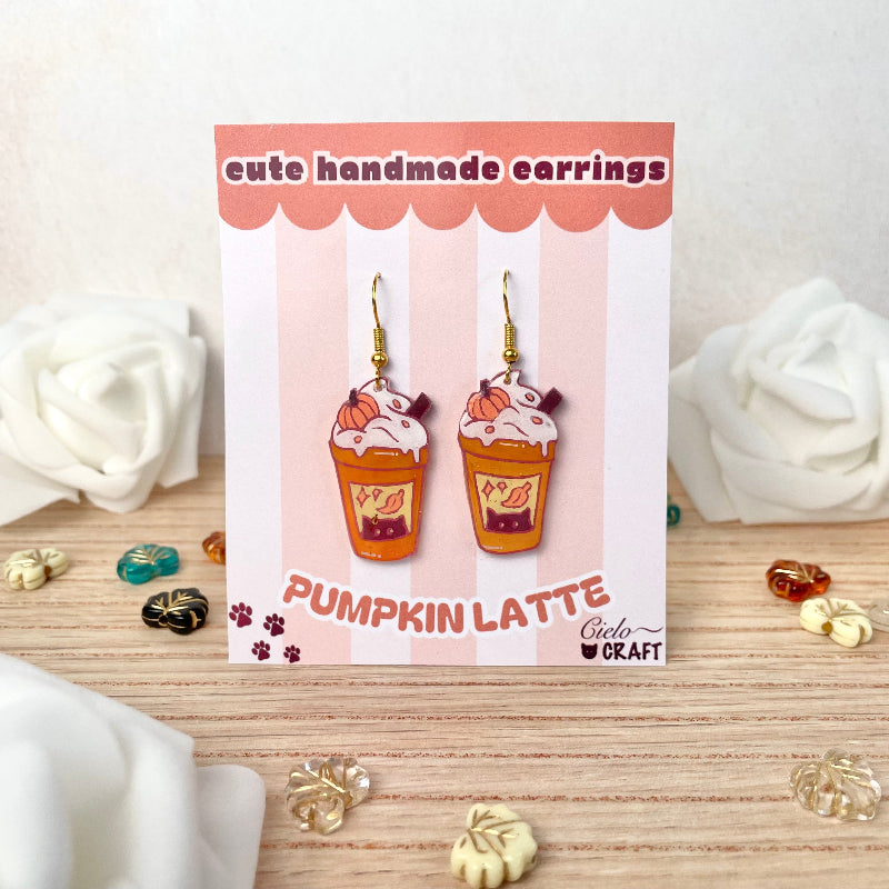 boucles d'oreilles avec petit cafe latte citrouille et chat - bijoux cielo craft