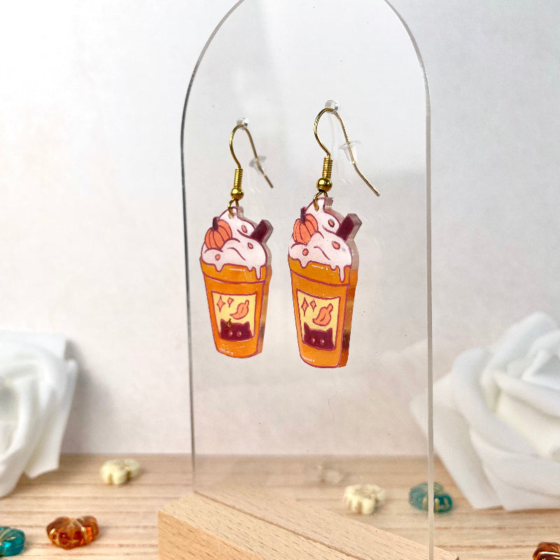 boucles d'oreilles avec petit cafe latte citrouille et chat - bijoux cielo craft