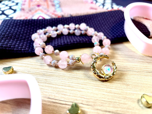 Bracelet double en pierres de quartz rose ~