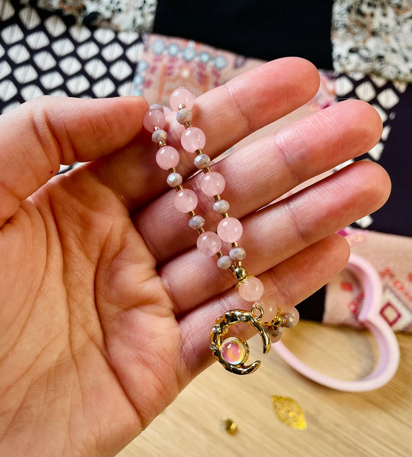 Bracelet double en pierres de quartz rose ~